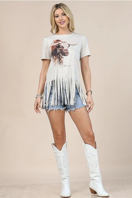 Cow Graphic Short Sleeve Fringe Top