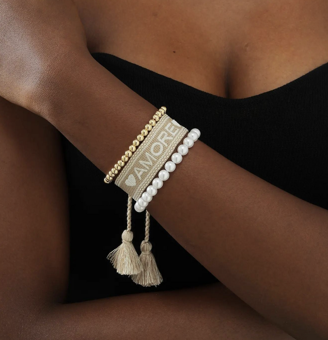 3pcs/set Faux Pearl & Tassel Decor Bracelet