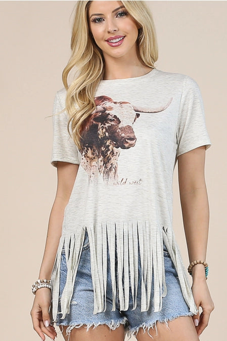 Cow Graphic Short Sleeve Fringe Top