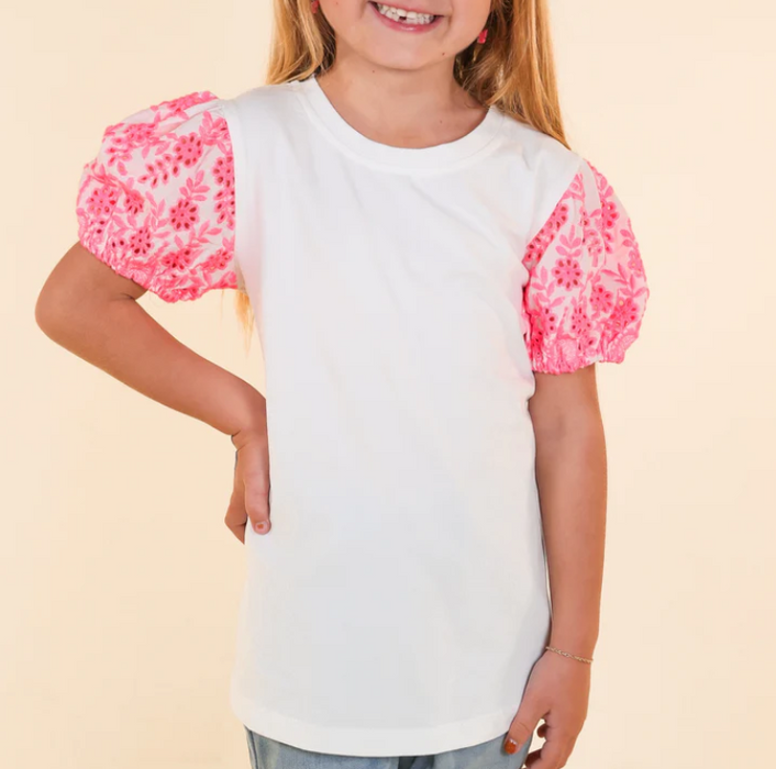 GIRLS WHITE TOP WITH PINK EYELET SLEEVES