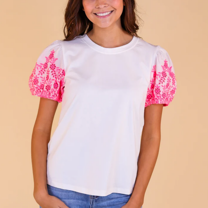 WHITE TOP WITH PINK EYELET SLEEVES