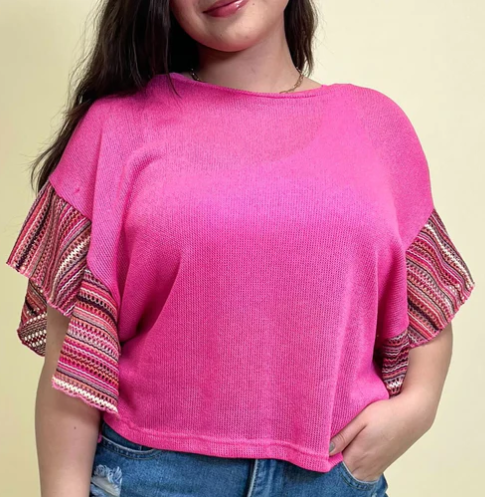 KEEP ME UPDATED PINK KNIT TOP WITH STRIPED SLEEVES