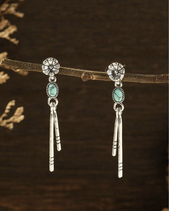 Vintage Western Style Flower Design Turquoise Drop Earrings For Women