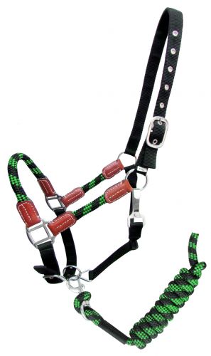16647 - Nylon halter and matching lead rope with leather accents