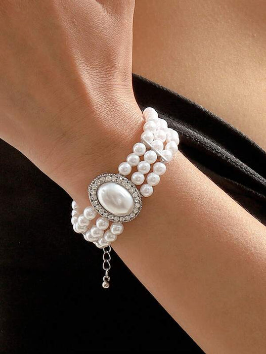 Elegant Rhinestone & Faux Pearl Decor Bracelet