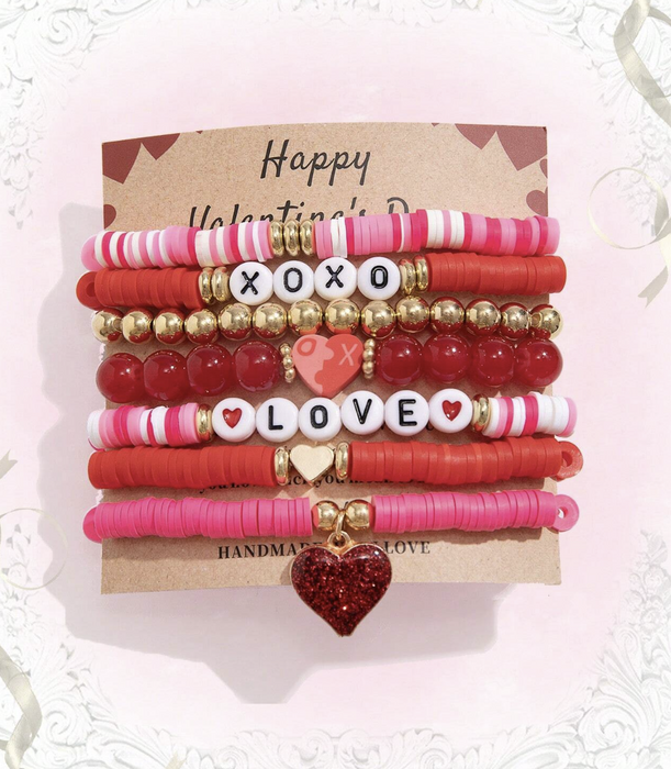 7pcs/Set Fashionable Sweet & Cute Heart Shaped Pendant & Beaded Alphabet Bracelet For Women Daily Wear