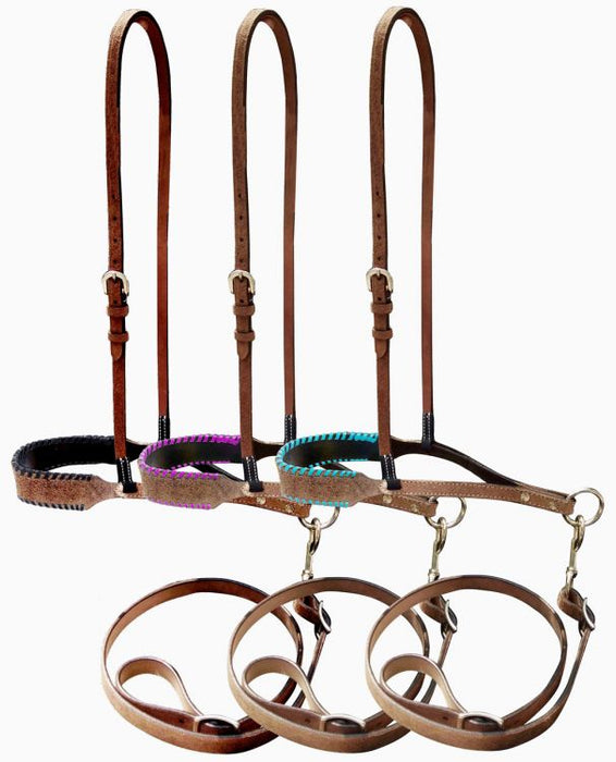 Showman ® Leather noseband and tiedown with colorful rawhide lacing on nose.