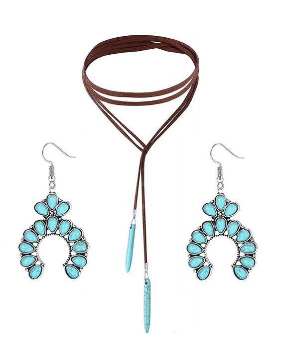 Bohemian Turquoise Geometric Drop Earrings & 1pc Necklace