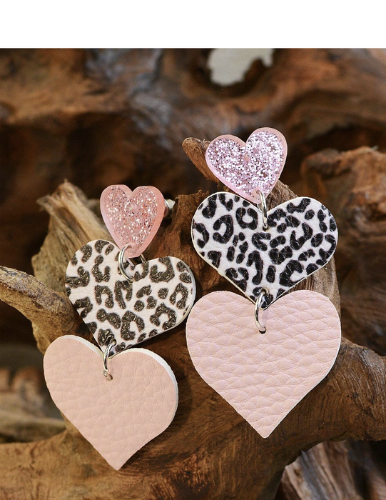 1 Pair Of Multi-Layered Leopard Print Love Acrylic Stud Earrings Leather Soft