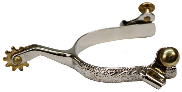 Showman ® chrome plated ladies size engraved spurs with brass rowels.