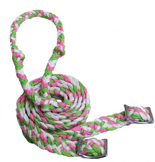 Showman ® braided nylon barrel reins with easy grip knots - LIME GREEN/WHITE/PINK