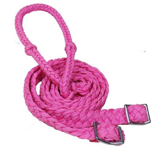 Showman ® braided nylon barrel reins with easy grip knots - PINK