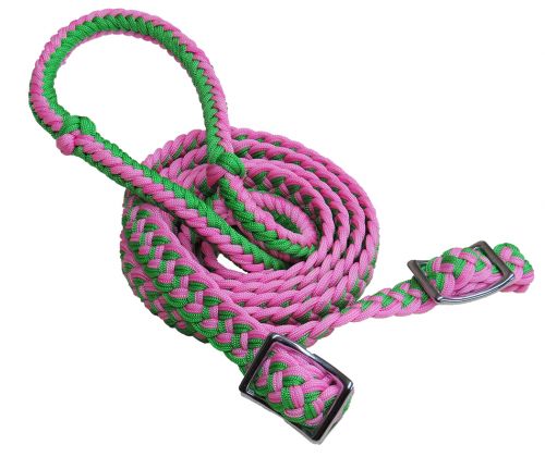 Showman ® braided nylon barrel reins with easy grip knots - LIME GREEN/PINK