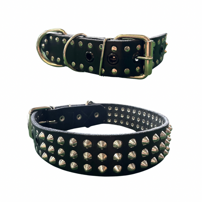 Dog collar with spikes - black/leather - collar de perro - negro/piel - MEDIUM