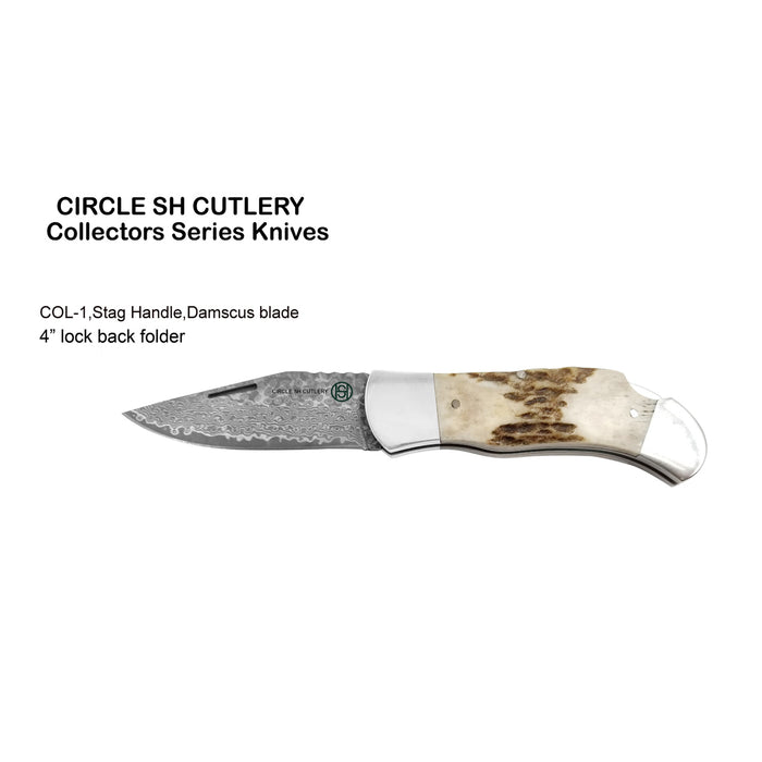 CIRCLE SH KNIFE - COLLECTORS SERIES, NAT, STAG HORN DAMASCUS FOLDER