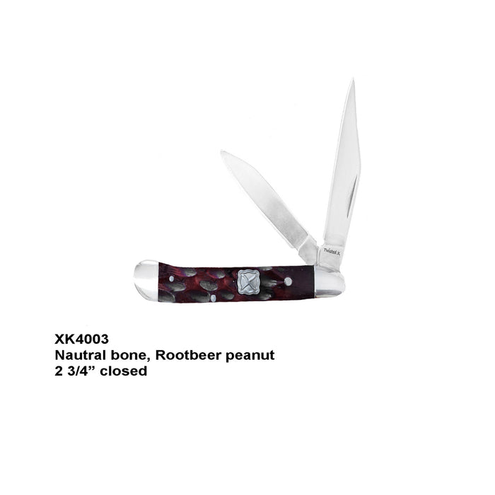 TWISTED X FOLDING KNIVES- 2 2/3" CLOSED NATURAL BONE, ROOTBEER PEANUT