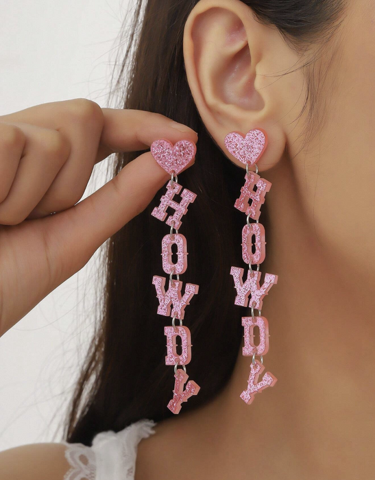 Western Style Pink Glitter Long Acrylic Howdy Pendant Earrings