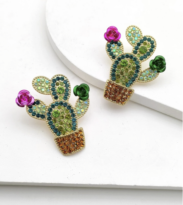 1pair Jeweled Alloy Cactus Design Earrings