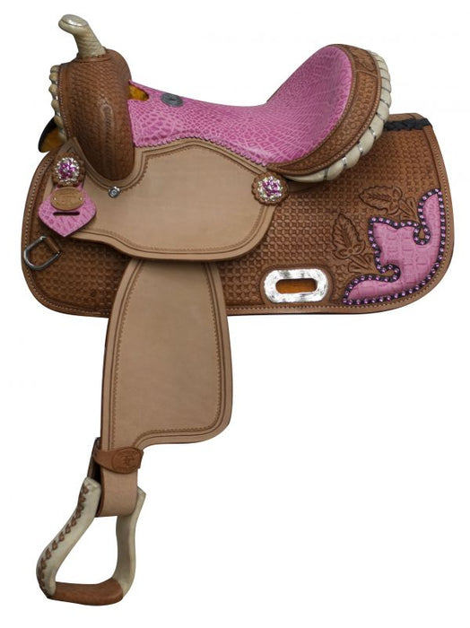 13" Double T Barrel style saddle with alligator print seat and accents