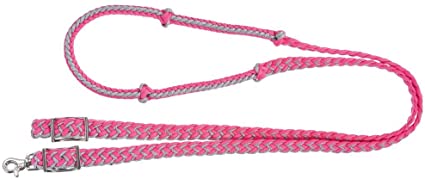 Tough1® Metallic Cord Knotted Roping Reins-PINK/SILVER