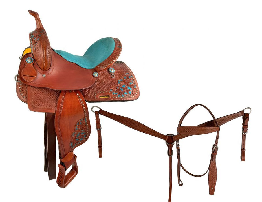 15" Economy Barrel Saddle Set features combo basketweave/floral tooling and painted teal accents.