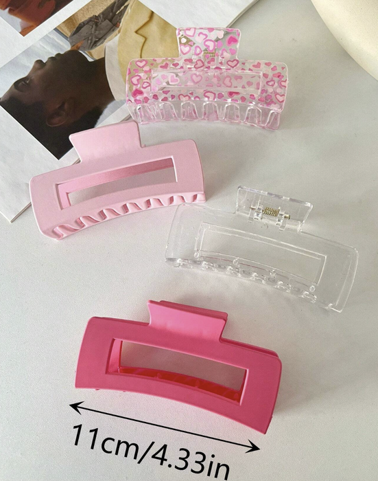 Translucent Pink Heart Print Frosted Large Square Plastic Hair Claw Clip