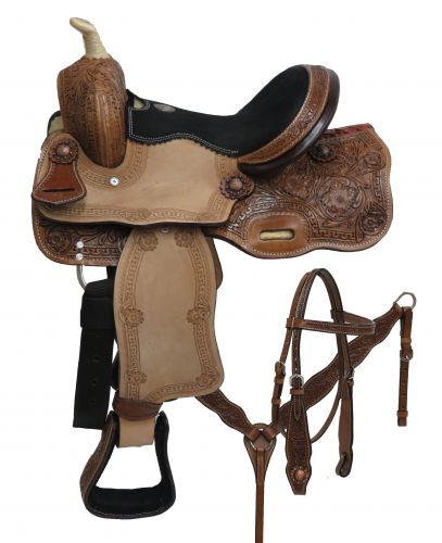 12" Double T pony saddle set with sunflower tooling.