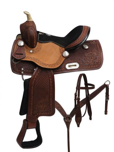 12" Double T Youth barrel style saddle set with zigzag, basket weave and floral tooling.