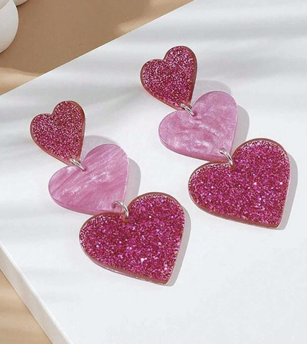 Acrylic Three Layer Pink Heart Shaped Valentine's Day Dangle Earrings