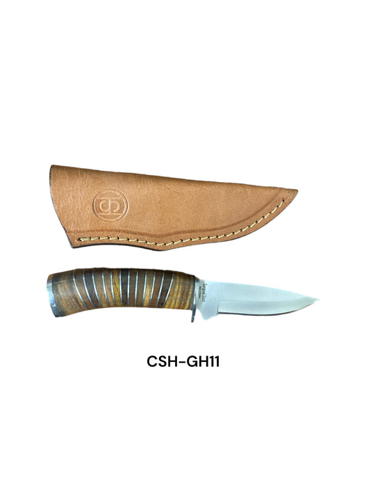 CIRCLE SH KNIFE7 3 /4" SURGICAL STEEL BLADE, ROSEWOOD HANDLE NICKEL SPACERS, W/ LEATHER SHEATH