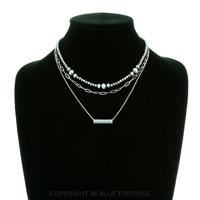 3Row Navajo Style Pearl and Chain with Bar Pendant Necklace