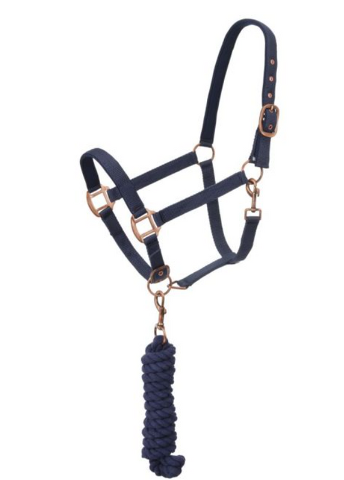 TOUGH1 PADDED HORSE HALTER WITH ANTIQUE HARDWARE AND LEAD ROPE - NAVY BLUE