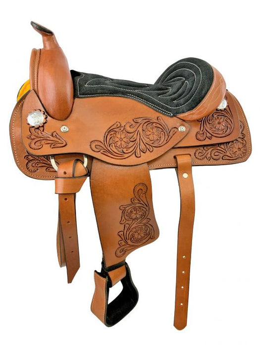 10" Youth Western style pony saddle with floral tooled accents.