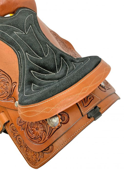 10" Youth Western style pony saddle with floral tooled accents.