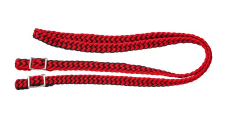 TOUGH1 BRAIDED CORD ROPING REINS - RED/BLACK