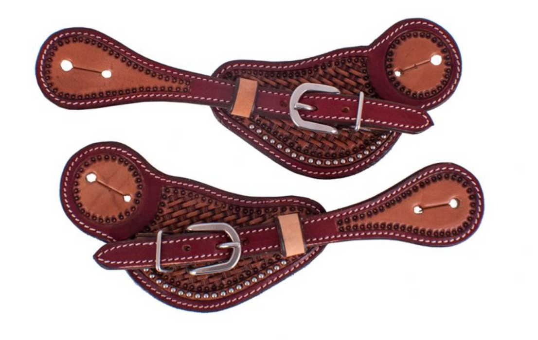 Showman Two Toned Arg. Leather Mens Spur Straps w/ Basketweave Tooling