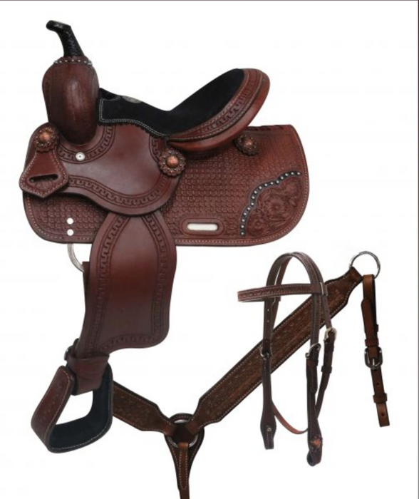 10' Double T Youth Saddle w/ Basket Tooling and Copper Conchos