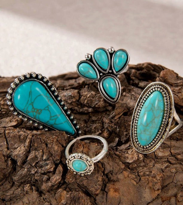 4pcs/Set Simple & Stylish Blue Turquoise Waterdrop Shaped Ring Set For Women, Ideal Gift For Dating