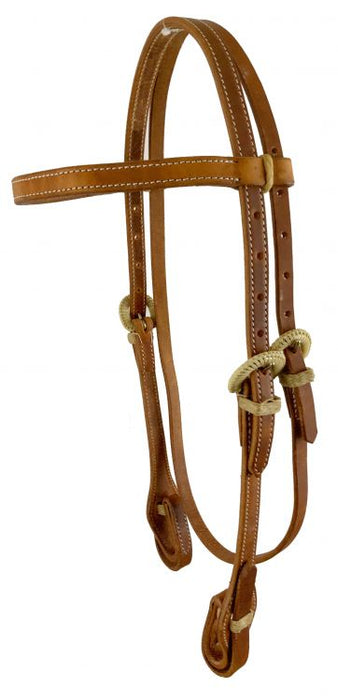 Showman ® Browband Harness Leather headstall with quick change bit loops and rawhide covered buckles.