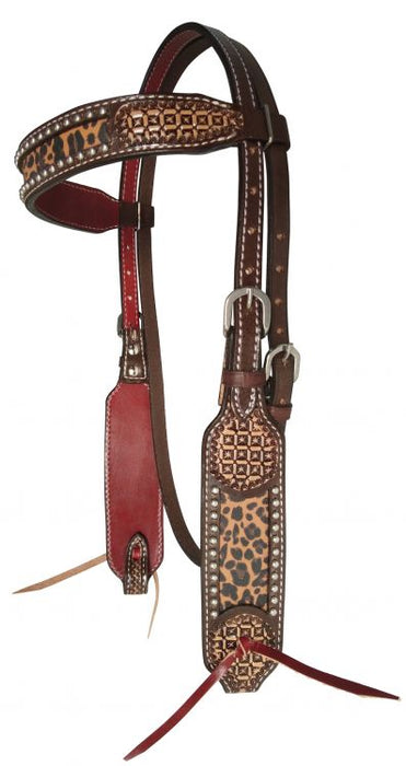 Showman ® Argentina cow leather brow band headstall with Cheetah Inlay.
