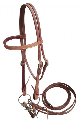Showman ® Browband Harness Leather Headstall with 5" mouth O-ring snaffle bit and slobber strap.