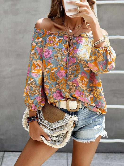 Floral Print Off Shoulder Lantern Sleeve Knot Front Blouse - Small