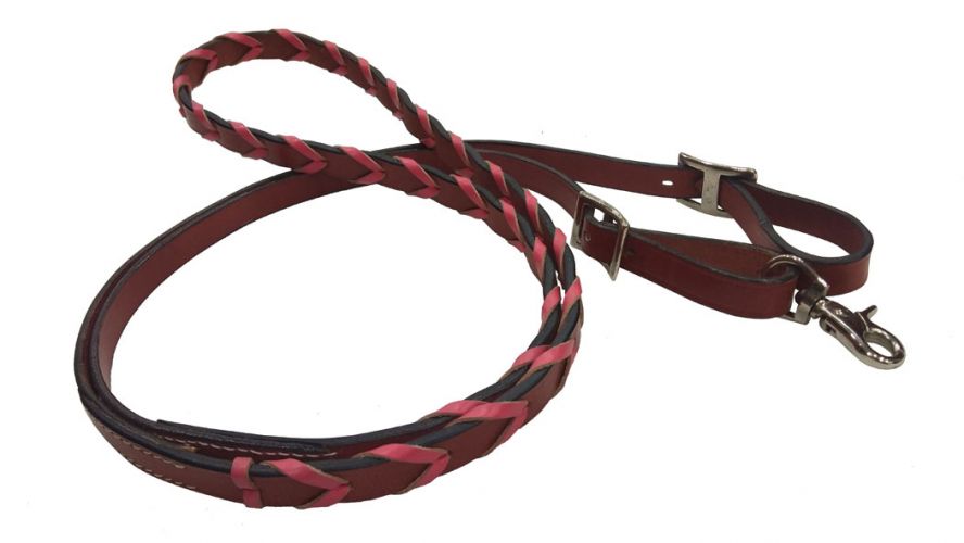 19622 - 8ft leather braided rein with colored lacing.