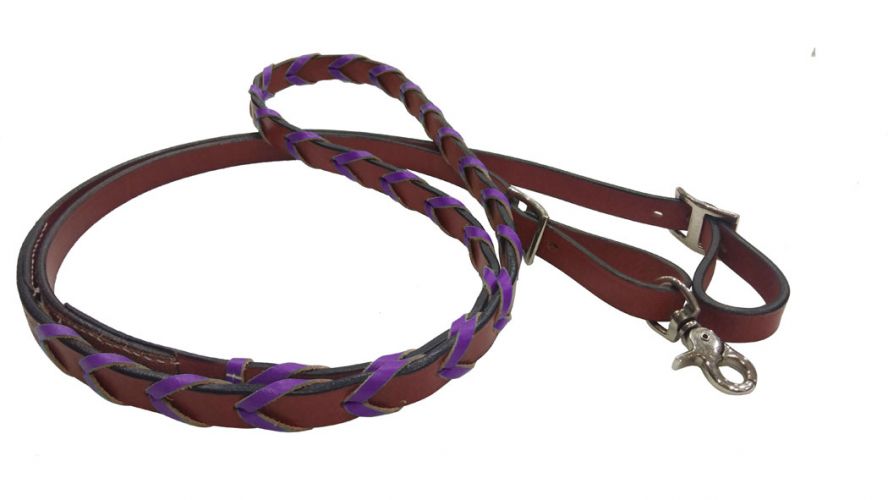 19622 - 8ft leather braided rein with colored lacing.