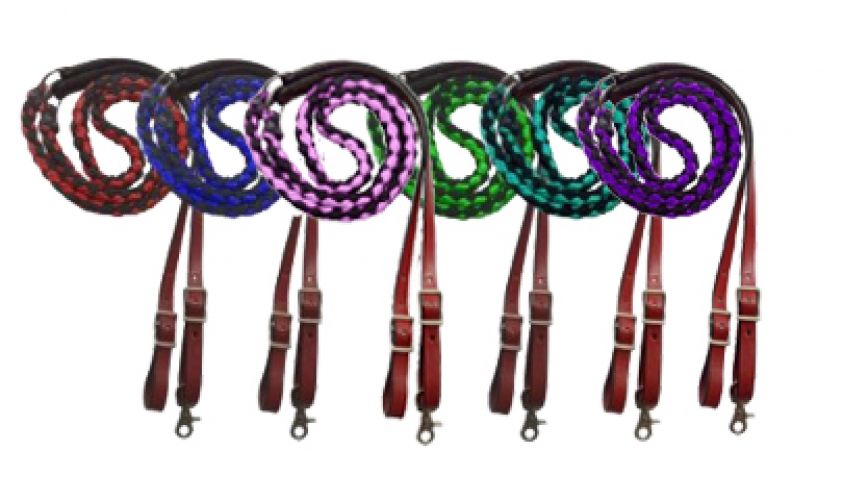 19630 - 8ft Nylon braided contest reins with leather ends