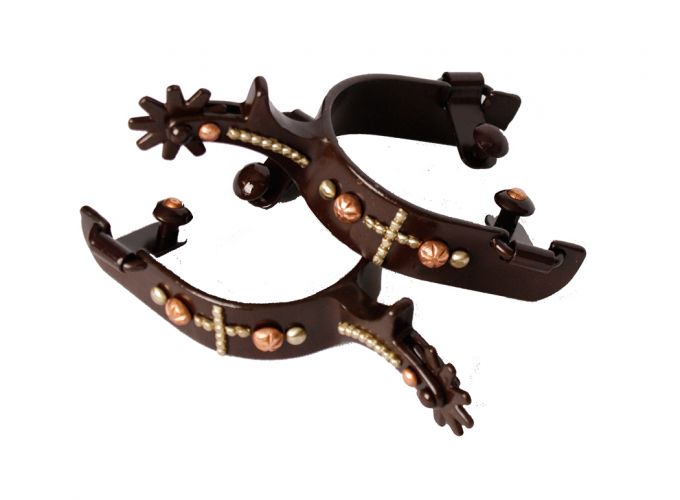 SHOWMAN - BROWN STEEL SPUR WITH COPPER STUDDED CROSS.