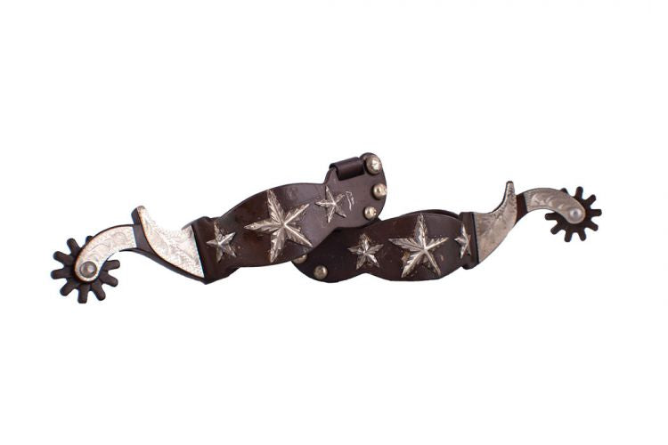 Showman ® Men's size brown steel spur with engraved stars and silver engraved overlay.