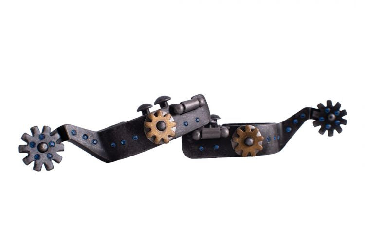 Showman ® Antique gray steel spur with blue rhinestones and gold accent.