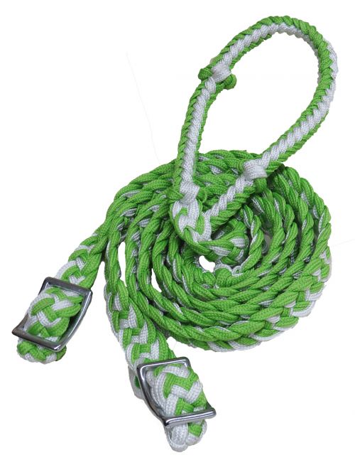Showman ® braided nylon barrel reins with easy grip knots- LIME GREEN/ WHITE