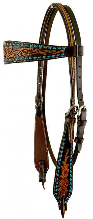Showman ® Argentina cow leather  two-tone browband headstall with floral tooling and turquoise rawhide braid.